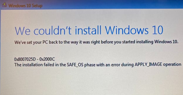 Correzione di Windows 10: installazione non riuscita nella fase Safe_OS