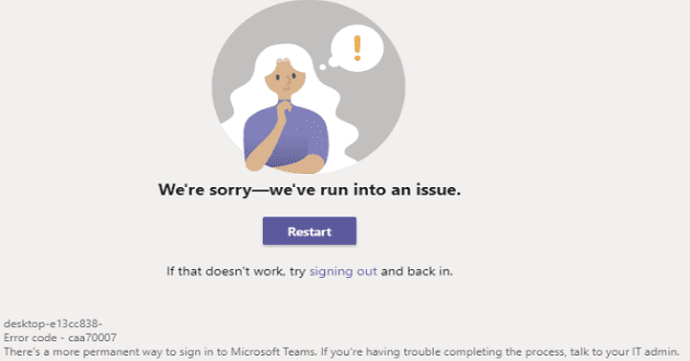 Solução de problemas de erro do Microsoft Teams caa70007