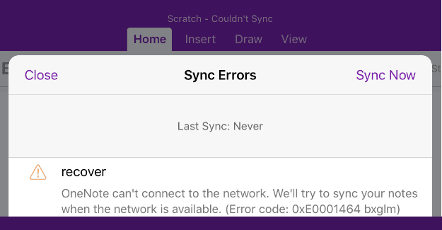 Solucionar el error de OneNote 0xE0001464 BXGLM