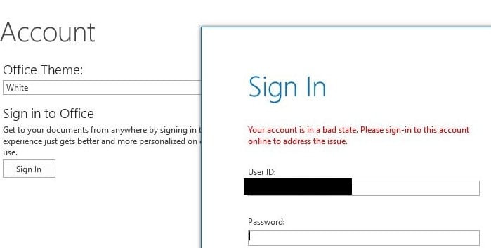 Correggi Office 365: il tuo account è in cattivo stato