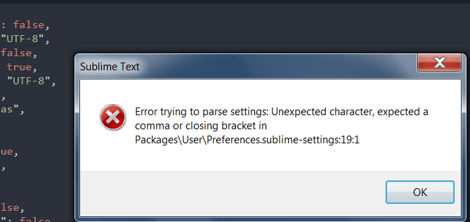 Correggi lerrore di testo sublime nel tentativo di analizzare le impostazioni