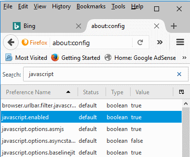 Firefox: ativar / desativar Javascript