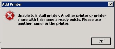 Windows: 프린터를 설치할 수 없습니다. 이 이름을 가진 다른 프린터 또는 프린터가 이미 있습니다.