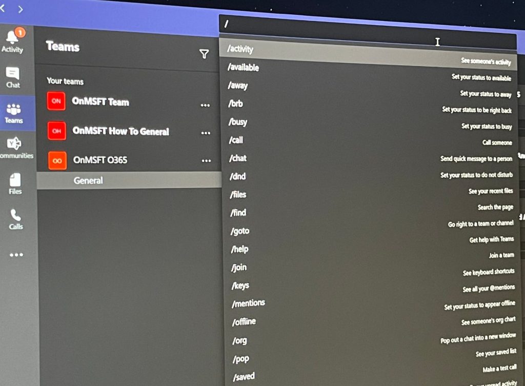 Como usar comandos slash como / files e obter mais do Microsoft Teams