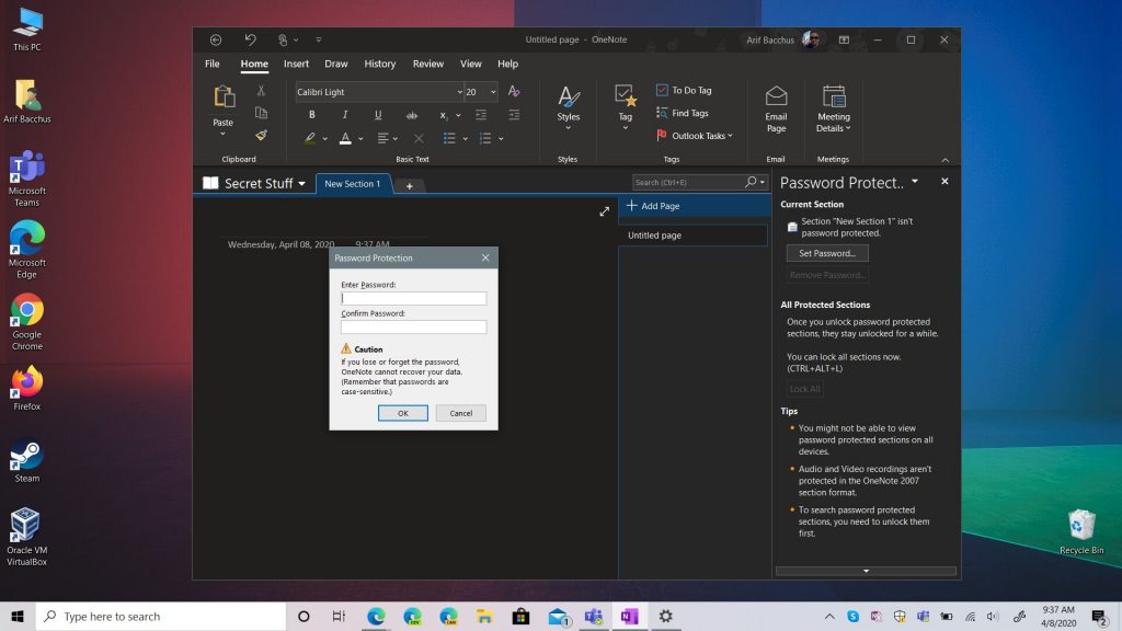 Como proteger com senha as seções do bloco de notas do OneNote 2016