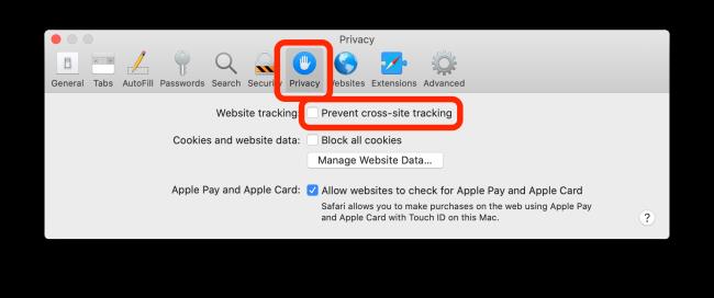 Safariの設定ウィンドウの[クロスサイトトラッキングを防止する]チェックボックスを示すスクリーンショット