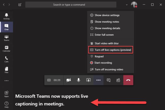 Sous-titres en direct de Microsoft Teams