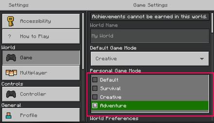 Minecraft Personal Game Mode Select