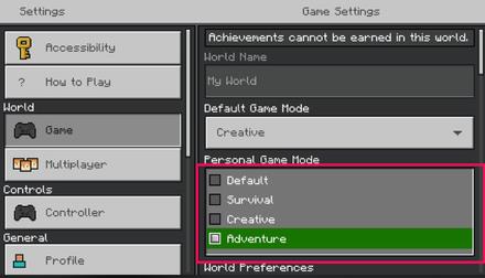 Selección de modo de juego personal de Minecraft