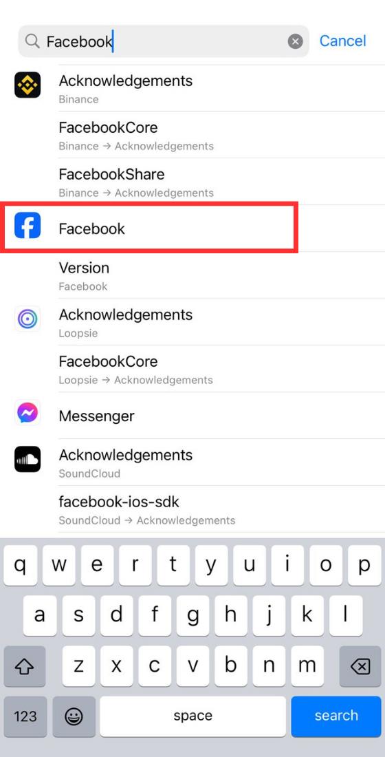 iOS スマートフォンの設定検索バー Facebook アプリ