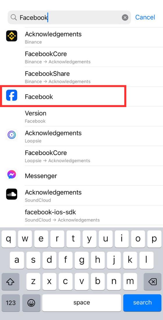 Setările telefonului iOS Bara de căutare Aplicația Facebook