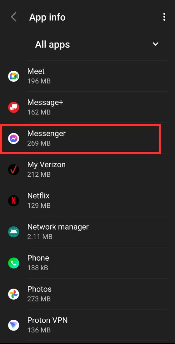 Meniul de setări a telefonului Android Messenger