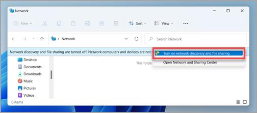 Windows 11 中網路窗格中的網路和檔案共用提示。