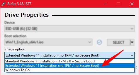 image Windows 11 sans TPM et démarrage sécurisé