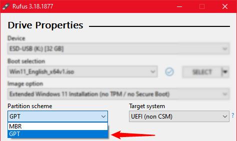 wybierz schemat partycji startowej USB