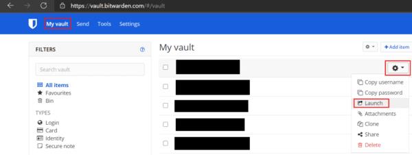 Bitwarden: come aprire l'URL associato a una voce