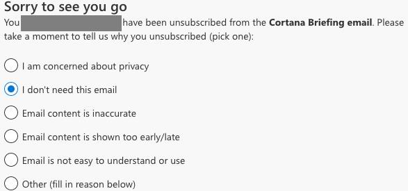 Correção: não é possível cancelar a assinatura do Cortana Daily Briefing