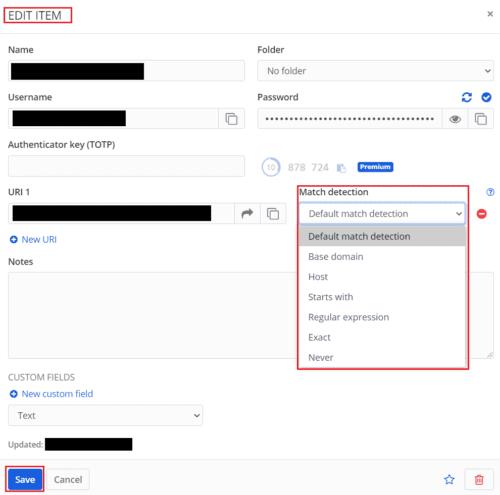 Bitwarden: configureren hoe URL's worden gematcht