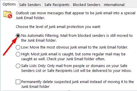 Hoe u het ongewenste e-mailfilter van Outlook uitschakelt?