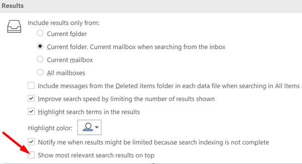 Hoe topresultaten van Outlook Search uit te schakelen