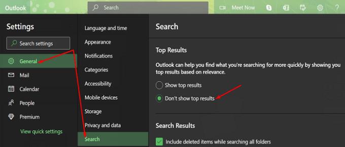 Hoe topresultaten van Outlook Search uit te schakelen