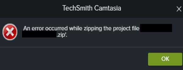 Camtasia : une erreur s'est produite lors de la compression du fichier de projet