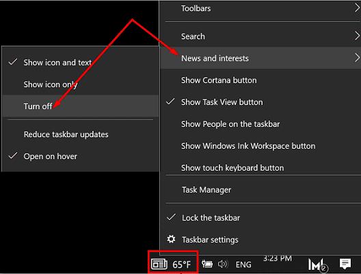 Weer en nieuws verwijderen van de taakbalk van Windows 10