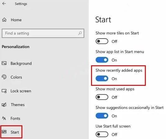 Windows 10: recent toegevoegde programma's verbergen in het startmenu