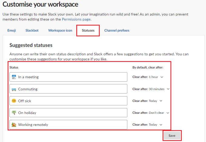 Slack: Como alterar o status sugerido para o espaço de trabalho '