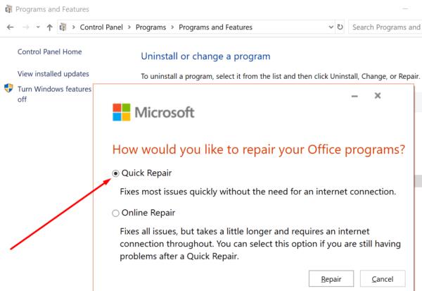 repair office program using control panel