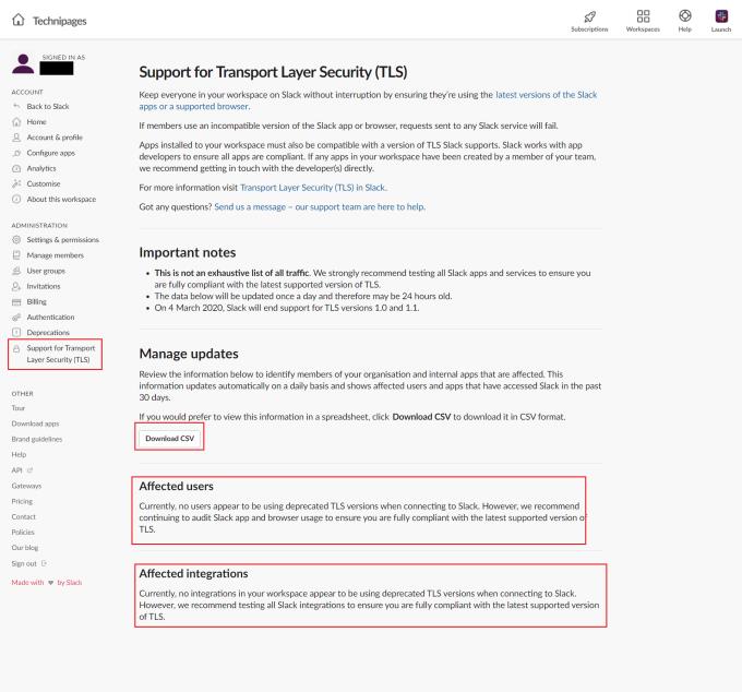 Slack：ユーザーや統合が古いTLSセキュリティを使用していないことを確認する方法