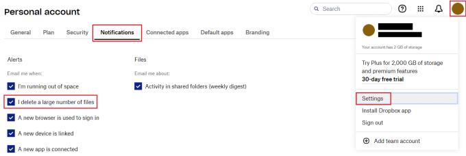 Dropbox: Cómo deshabilitar los correos electrónicos que le informan que ha eliminado una gran cantidad de archivos