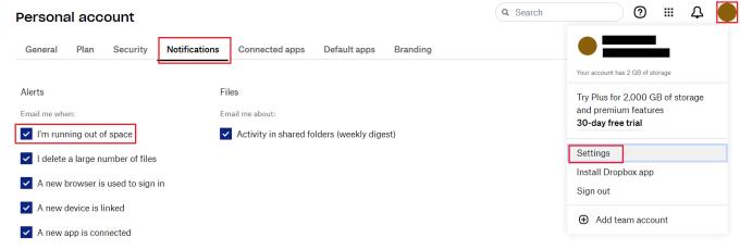 Dropbox: Cómo deshabilitar los correos electrónicos que le advierten que se está quedando sin espacio