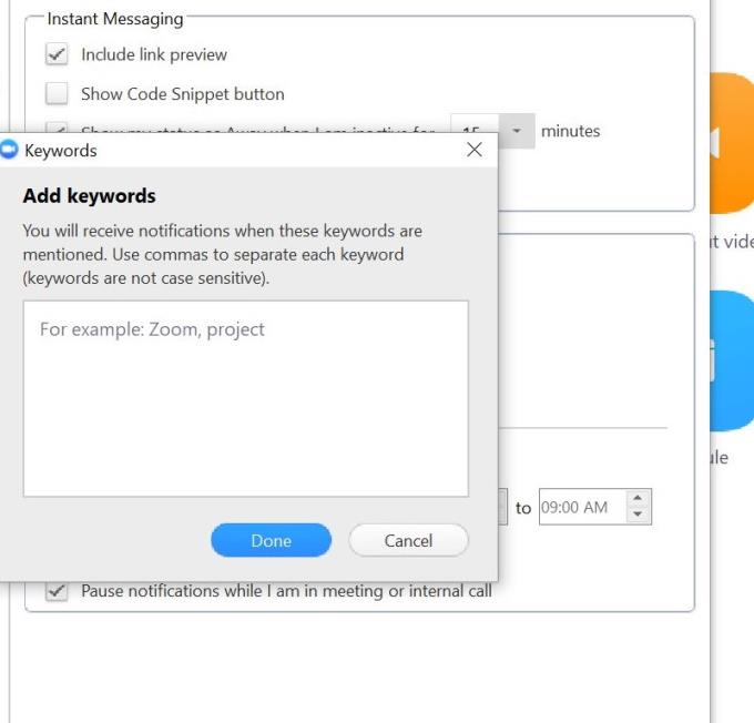 Impostazione delle notifiche delle parole chiave sulle chat di Zoom
