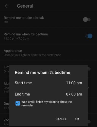 Android용 YouTube: 취침 시간 알림을 구성하는 방법