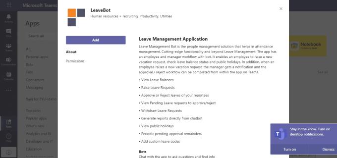 Integrazione di LeaveBot nel tuo account Microsoft Teams