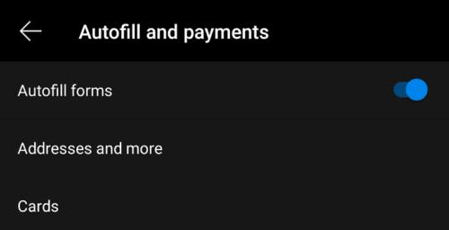 Edge for Android：クレジットカードの詳細をオートフィルに追加