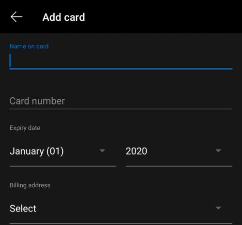 Edge para Android: adicionar detalhes do cartão de crédito ao preenchimento automático