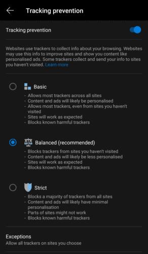 Edge for Android：トラッカーブロッキングを構成する方法