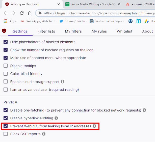 Empêchez WebRTC de fuir l'adresse IP avec uBlock Origin