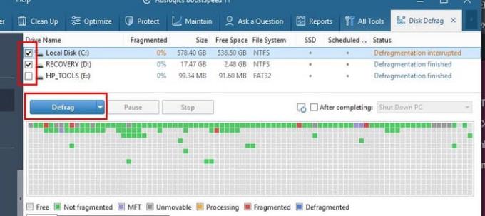 Come deframmentare solo unità specifiche in BootSpeed ​​11