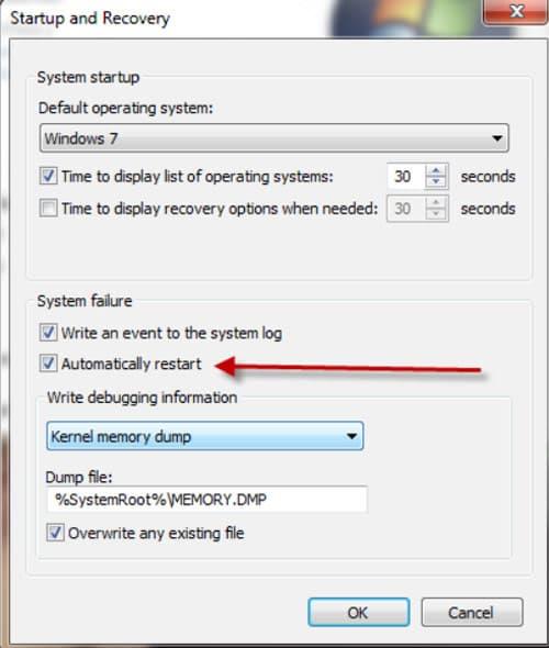 Desactive el reinicio automático en caso de falla del sistema en Windows 7 y 10