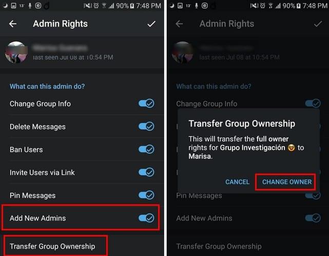 Como transferir a propriedade de um grupo de telegramas