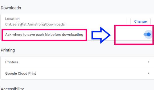 Cambia la posizione di download in Google Chrome