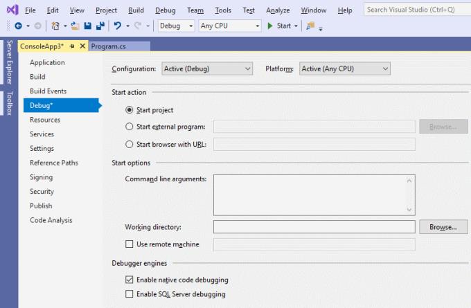 Visual Studio: abilita/disabilita il debug del codice nativo