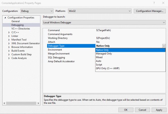 Visual Studio: 네이티브 코드 디버깅 활성화/비활성화