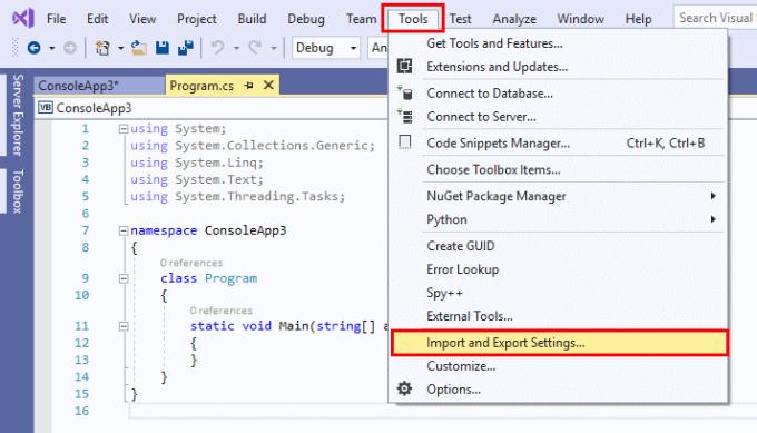 Visual Studio: 모든 설정 재설정