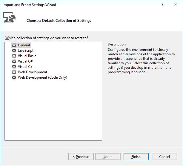 Visual Studio: 모든 설정 재설정