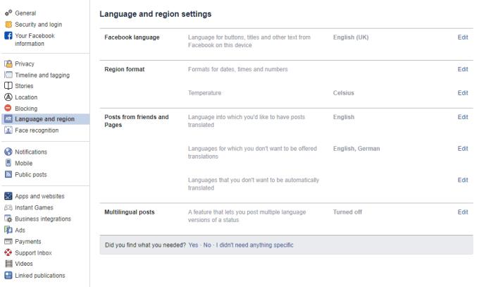 Facebook: cambia la configuración de idioma