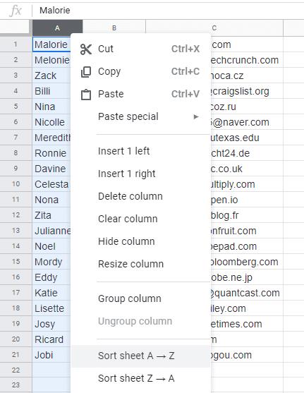 Hojas de cálculo de Google: alfabetización de una lista